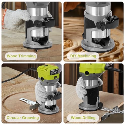 DEWINNER Electric Palm Router Tool, 710W Compact Wood Router Trimmer with Metal Base, 6Variable Speeds Router for Woodworking, Trimmer Router with hand Bag, 15pcs Palm Router Bits for Handwork and DIY