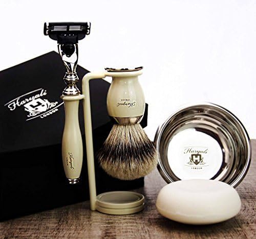 Haryali LondonMens Shaving Kit 3 Edge Razor With Pure Black Badger Hair Shaving Brush, Stainless Steel Stand and Alum Stick Perfect Set