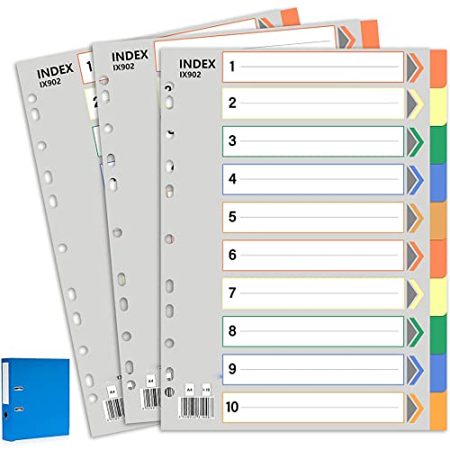 MAKINGTEC A4 Index Paper, 1 to 10 Tab Dividers, Extra Wide File Dividers, Dividers for 2/3/4 Ring Binders, Multi-Coloured 11 Holes Inserts 1-10 Classification Index Paper for Office Home School 3 Pack
