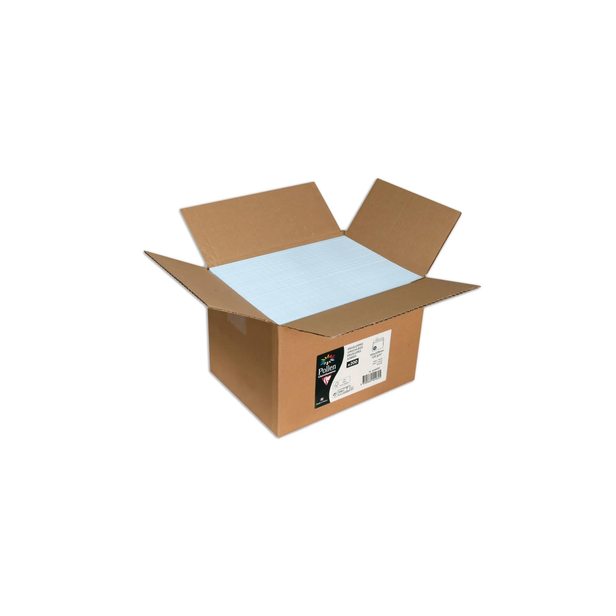 Clairefontaine 55462C Carton of 200 Gummed Envelopes Format C5 (16,2x22,9cm) 120g/m² Blue Invitation Event Correspondence Range Pollen Premium Smooth Paper