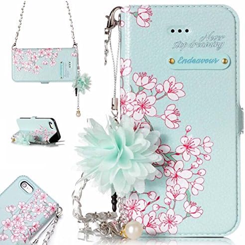 iPhone 5 SE Wallet Case for Women, iPhone 5S Flip Case Handbag [Wrist Chain Flower Strap] [Stand] Aeeque Slim Fit [Card Holder] Magnetic PU Leather Wallet Cover for iPhone 5/5S/SE, Pink Blossom