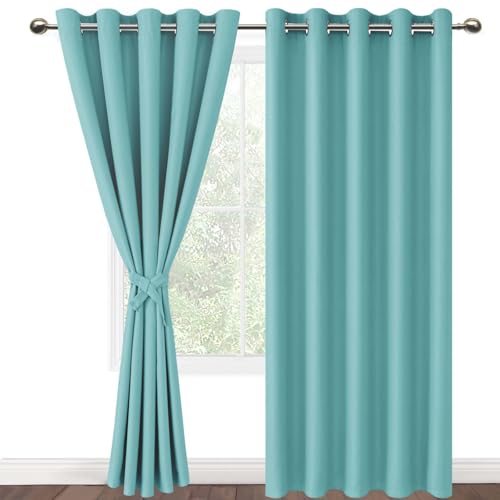DWCN Blackout Curtains for Bedroom with Tiebacks - Room Darkening Privacy Grommet Top Window Curtains for Living Room, 60 x 84 inch Length, Turquoise, Set of 2 Panels