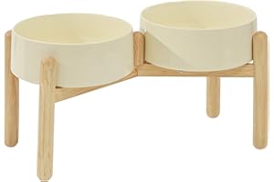 Havniva Ceramic 8.2inch Raised Dog Bowl with Stand for Large- Breed Dogs, Pet Food and Water Feeder (Double Bowl with Stand - Beige)