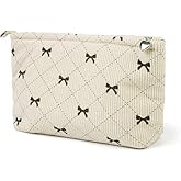 DPWOUM 1Pcs Beige Cosmetic Bags Bows Travel Quilted Makeup Bag Cotton Coquette Aesthetic Purse Travel Makeup Bag for Women