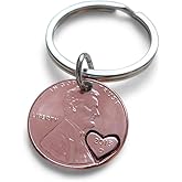 JewelryEveryday 2018 US One Cent Penny Keychain with Heart Around Year; 8 Year Anniversary, Couples Keychain