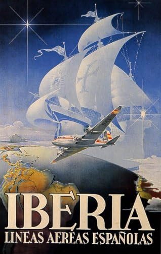 IBERIA AIRPLANE PLANE GLOBE SAILBOAT EUROPE TRAVEL TOURISM SPAIN 12" X 16" IMAGE SIZE VINTAGE POSTER REPRO