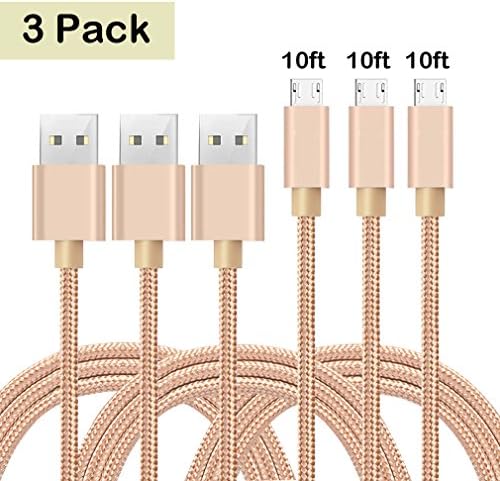 Micro USB Cable 3Pack 10FT Nylon Braided Android Charging Line Micro USB Cable for Android, Samsung, HTC, Motorola, Nokia and More(Gold)