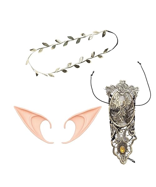 VGRDTW Elf Set, Elf Ears, Golden Leaf Headband and Lace Gloves, Elf Christmas Decoration, Sharp Ears Fairy Ears Suitable for Halloween, Live Streaming, Costumes