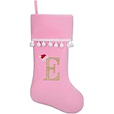 JKSVE 19 Inch Pink Velvet Stockings, Personalized Christmas Stocking, Embroidery Initial with White Pom Pom Trim, Holiday Fireplace Mantel & Xmas Party Decor, Letter E