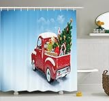 Red Truck Christmas Shower Curtain Red by Ambesonne, Funny Christmas Decorations Bright Pickup Truck with Xmas Tree Gifts and Ornaments Snow Winter Day, Fabric Bathroom Kids Set with Hooks, Blue
