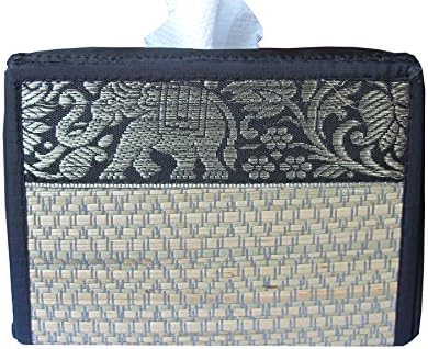 Rectangular Handmade Thai Woven Straw Reed Tissue Box Cover with Gold Silk Elephant Design