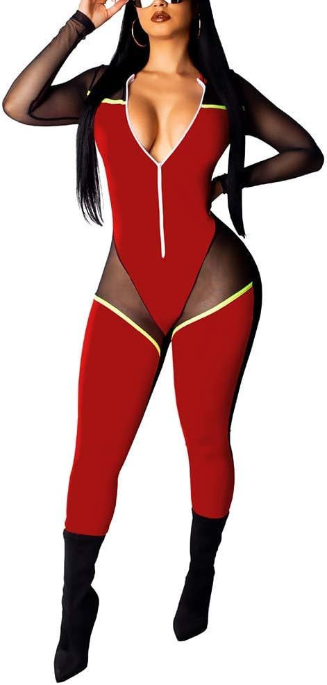 OLUOLIN Women Sexy Color Block See Through Long Sleeve Deep V Neck Mesh Stripe Printed Zip Up Bodycon Romper Jumpsuits