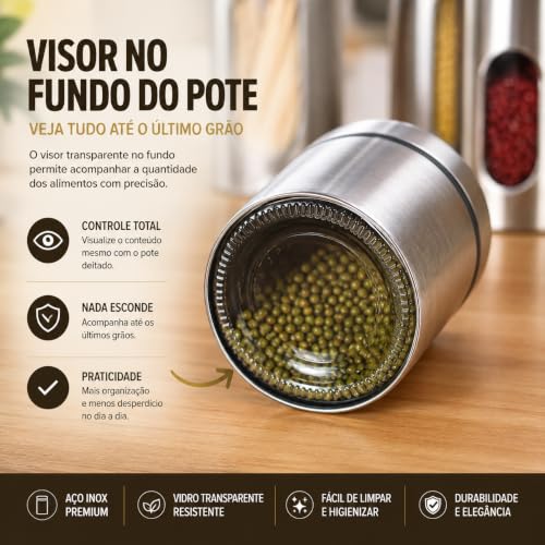 Kit Com 2 Potes Vidro Vítreo Revestido Em Inox 630ML Tampa Com Vedação e Visor - Ideal para Armazenar Café, Açucar, Sal, Grãos e Mantimentos - Super Resistente - Cantinho Do Café