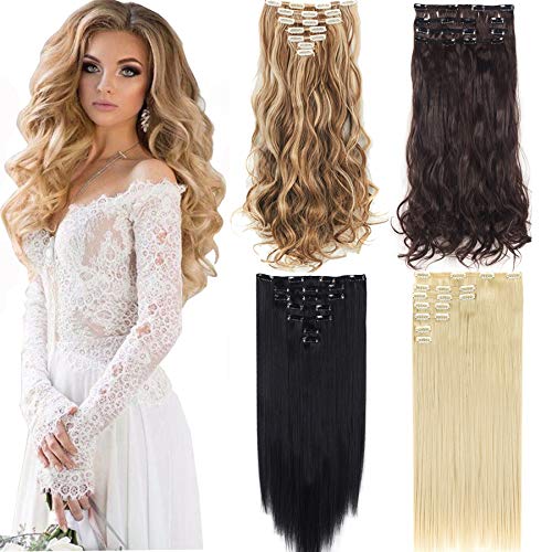 SLLIE 7Pcs 16 Clips Curly Straight Double Weft Clip in Hair Extension Thick Synthetic Hair Extensions Hairpieces