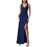 firfig Womens Formal Long Dress Mesh V Neck Sleeveless Ruched Slit Leg Cocktail Party Wedding Guest Maxi Dresses