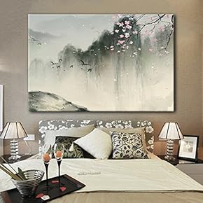 Canvas Wall Art - Chinese Ink Painting of Mountain Landscape in Spring with Birds and Cherry Blossom - Giclee Print Gallery Wrap Modern Home Art Ready to Hang - 12x18 inches