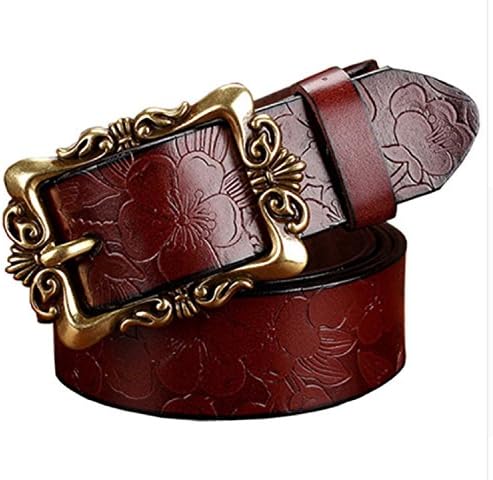 Wide Genuine leather belt woman vintage Floral Cow skin belts women Top quality (Brow)