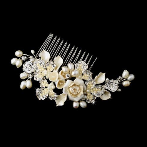 Capricia Sweet Ivory Floral with Freshwater Pearls &amp; Clear Rhinestones Wedding Bridal Tiara Hair Comb