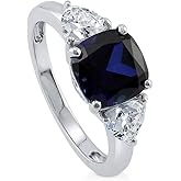 BERRICLE Sterling Silver 3-Stone Engagement Rings for Women, 3 Carat Sapphire-Blue Cushion Cut Cubic Zirconia CZ Ring