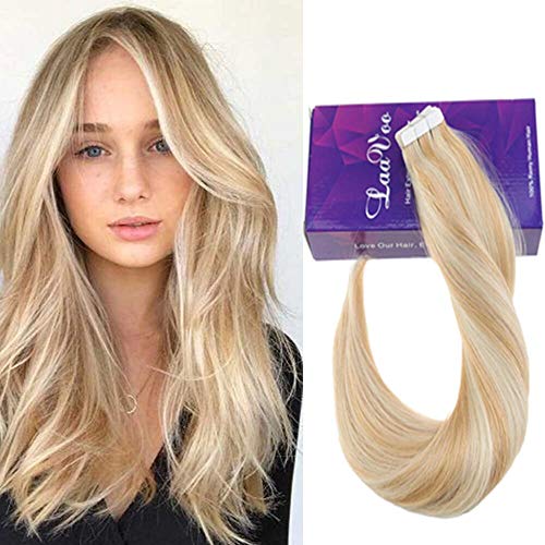 LaaVoo 14 inch Highlight Blonde Tape in Human Hair Extensions Color #27 Honey Blonde to Color #60 Light Blonde Seamless Human Hair Extension 20Pcs 50g/Package