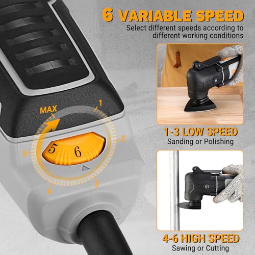 DEKOPRO Herramienta Multiherramienta oscilante de 300W, 15 000-22 000 rpm, Multitool Eléctrico con Cable, Control de 6 Velocidades, Incluye 20 Hojas de Lija, Apto para Madera, Plástico y Metal