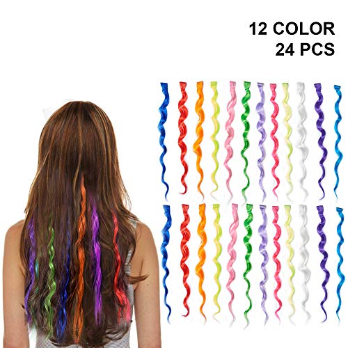 Hairginkgo 24Pcs Clip-on in Hair Extensions Colored Party Highlights Hair Pieces Curly Wavy Multi Colors Hair Streak Synthetic Hairpieces DIY Hair Accessories Extensions for Party Kid Woman
