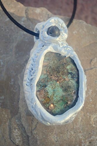 Orgone Turquoise Manassa Copper Reiki Herkimer Diamond Pendant Silver Pixie Necklace Burning Man,Tribal Polymer Clay Boho Amulet, Bohemian, Hippie Statement