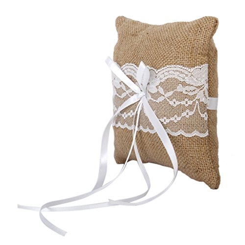 Adeeing Wedding Ring Pillow Burlap Lace Vintage Ring Bearer Jewelry Pillow Cushion,6 x 6 Inch - Thumbnail 2