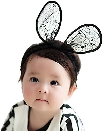 RQJ Baby Girls Rabbit Ear Lace Costumes Headband Bunny Elastic Minnie Mouse Ears Hair Bows for Gift(Black)