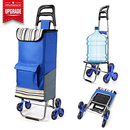 Folding Shopping Cart Extended Handle Stair Climbing Cart with Quiet Rubber Tri-Wheels Grocery Foldable Utility Cart with Upgraded Bottom Platform to Prevent Sagging
