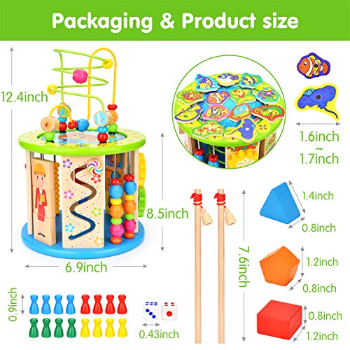 Victostar Activity Cube, 10 in 1 Bead Maze Multipurpose Educational Toy Wood Shape Color Sorter for Kids