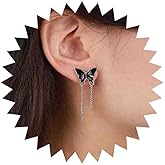 Yheakne Boho Acrylic Black Butterfly Chain Earrings Black Butterfly Stud Earrings Silver Tassel Chain Drop Earrings Vintage Sliver Tassel Dangle Earrings Jewelry for Women