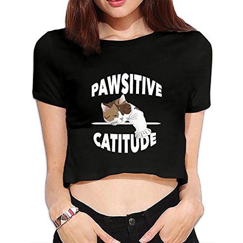 Iancaopin Women's Fashion Summer Dew Navel T-ShirtPawsitive Catitude Tee XL Black