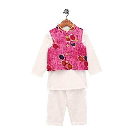 Boys Cotton Batik Print Majenta Jacket With Kurta And Pajama Set in White Color
