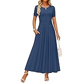 ZESICA Women's Summer Short Sleeve Maxi Dress 2026 Casual Crewneck Pleated A Line Flowy Long Dresses with Pockets