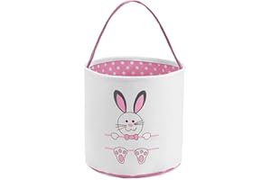 Waarms Easter Bunny Basket Bags for Kids, Canvas Cotton Personalized Egg Basket Hunt Bags Cute Rabbit Print Buckets for Easter Eggs, Candy, Gift (Pink)