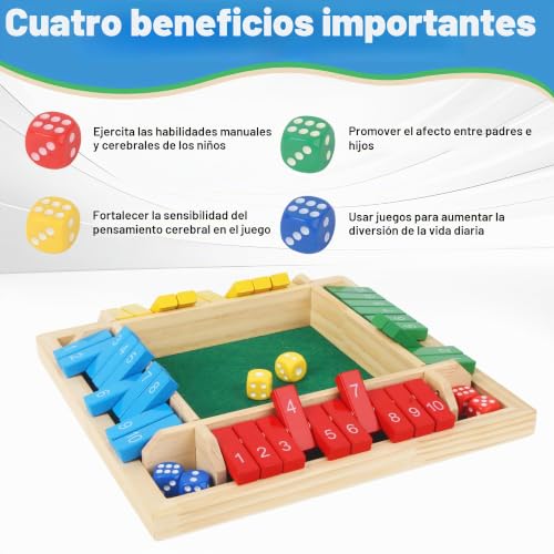 Shut The Box Wooden Dice Set, 22 x 22 x 4 cm, Folding Table Game for 4 Players, Multicolor with Numbered Strips for Bars, Parties, Families and Interactive Parent-Child Games