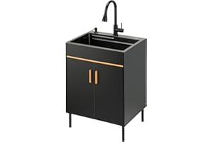 Ownsig 23.6” Stainless Steel Laundry Sink with Cabinet and Pull-Out Faucet, Black Freestanding Utility Sink with Removable In