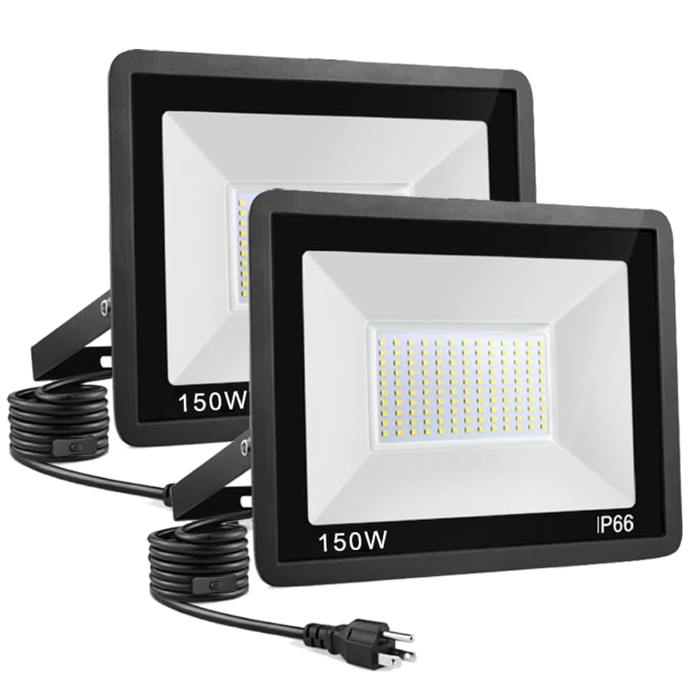 Photo 1 of 2-Pack 150W LED Flood Light, 16000lm with 16.4FT/5m Cord plug switch ?Super Bright Security Lights, IP66 Waterproof Outdoor Flood Light, 5000K White Floodlight for Yard, Garden,Basketball Court?Arena