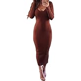 Zyyfly Women Sexy V Neck Long Sleeve Solid Bodycon Midi Dress