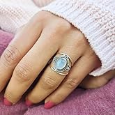 S925 Sterling Silver Moonstone Ring for Women Grils 18K White Gold Vintage Rainbow Moonstone Rings Oval Moonstone Solitaire Rings Comfort Fit Size 6 to 10 Size 8
