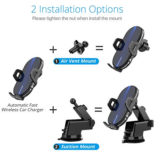 Wireless Car Charger, HAHAKEE Qi Wireless Charger Mount 2 in 1 Auto Clamp 10W Fast Charging Air Vent Cell Phone Holder for iPhone 11 Max XR X 8 Plus, Samsung Galaxy S10 S9 S9+ S8 Note 8 Note 9, LG V30