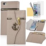 iPhone 5 Case, iPhone 5S Case, XIANA Zipper Purse with Pirate Hook Wallet Leather Case Cover With Credit Card Slots/ Money Holders For iPhone 5 5S(Light Brown),Including A Stylus,Screen Protector and Cleaning Cloth