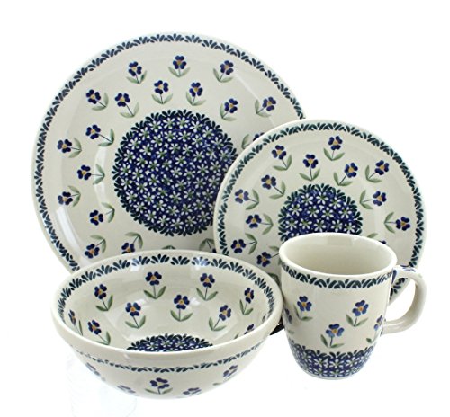 Polish Pottery Blue Daisy 4 Piece Dinner Set