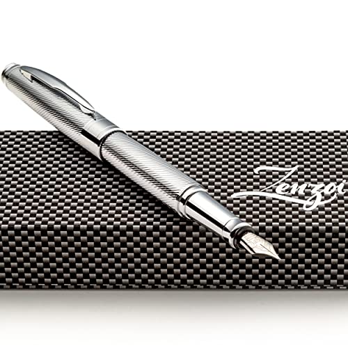 ZenZoi Chrome Fountain Pen Set. Elegant Metal Body Executive Pen w/German Schmidt Fine Nib, Ink