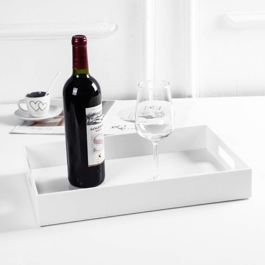 Sooyee White Acrylic Tray - 16" x 12" Acrylic Tray for Coffee Table, Breakfast, Tea, Food, Butler - Decorative Display, Countertop, Kitchen, Vanity Serve Tray with Handles: Kitchen & Dining