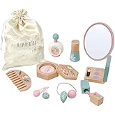 Wooden Makeup Toy Set for Girls – 11 PCS Pretend Play Makeup Kit for Kids with Mirror, Lipstick, Eyeshadow, Nail Polish, Perfume, Comb, Hair Clip & Storage Bag – Birthday Gifts for 3 4 5 6 Girls