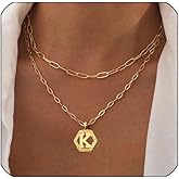 TOSGMY Initial Necklaces for Women,Dainty Gold Letter Necklace 18K Gold Plated Paperclip Chain Necklace Trendy Personalized Monogram Name Necklace Hexagon A-Z Pendant Choker Layered Gold Necklaces