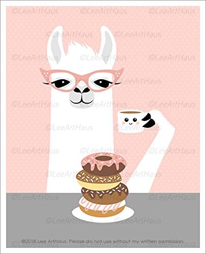 76J - Girl Llama Eating Stack of Donuts and Drinking Coffee UNFRAMED Wall Art Print by Lee ArtHaus