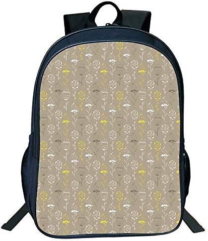 iPrint Personal Tailor Black Double-Deck Rucksackk,Grey and Yellow,Hand Drawn Sketchy Tulips Flowers Leaves Butterflies Art Image,Cocoa Black and White,for Kids,Diversified Design.15.7"x 11.8"x 6.3"